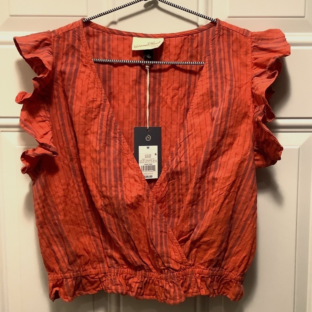 Universal Thread Red Orange Striped Ruffle Sleeve Crop Top